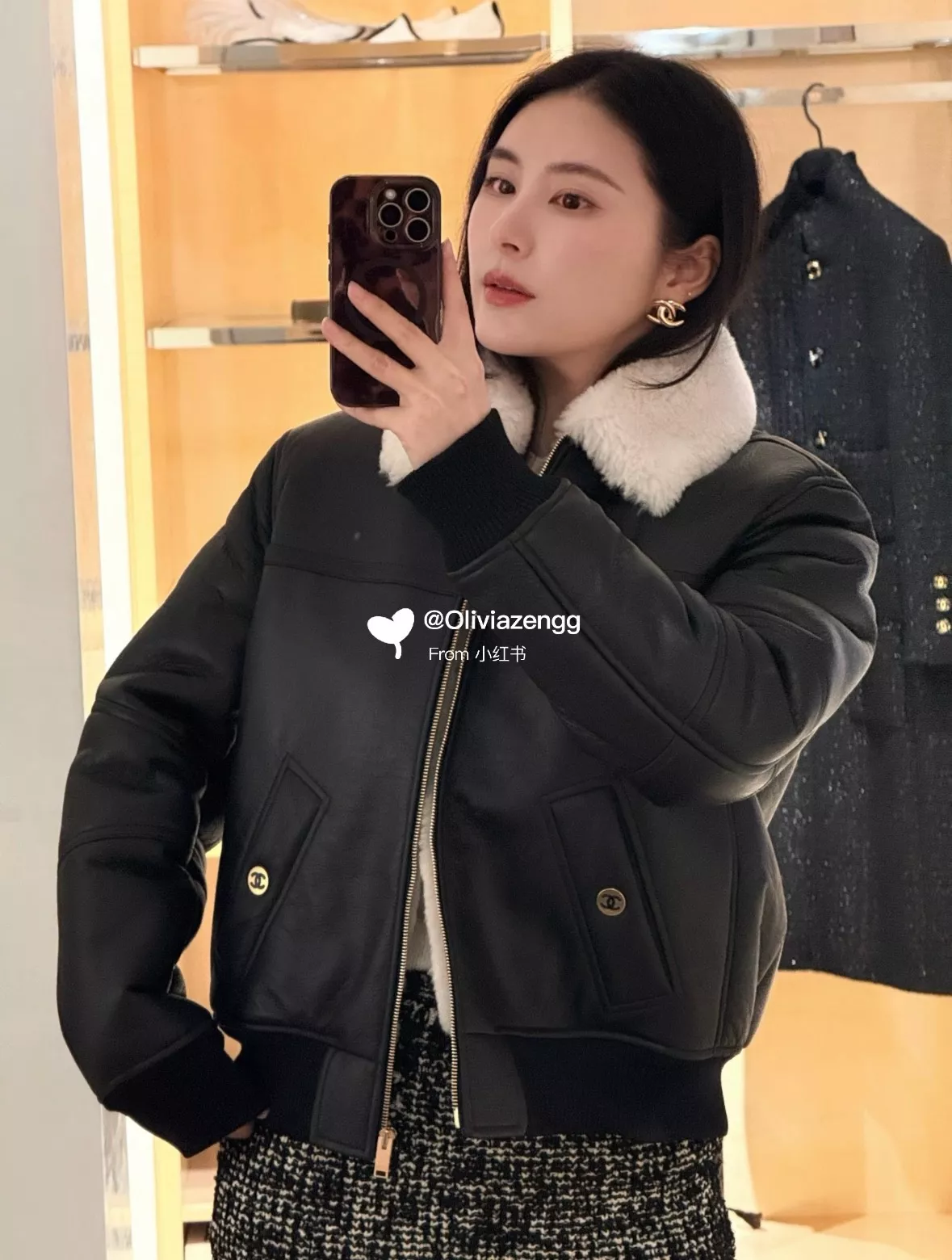 샤넬 금속 버클 카라 울 배색 재킷 상세 이미지 11
