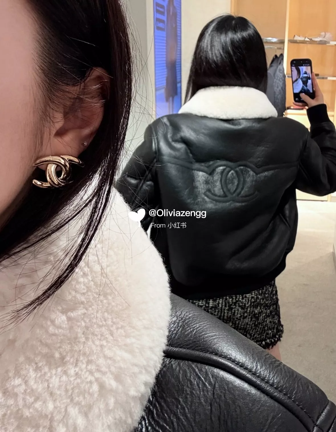 샤넬 금속 버클 카라 울 배색 재킷 상세 이미지 12