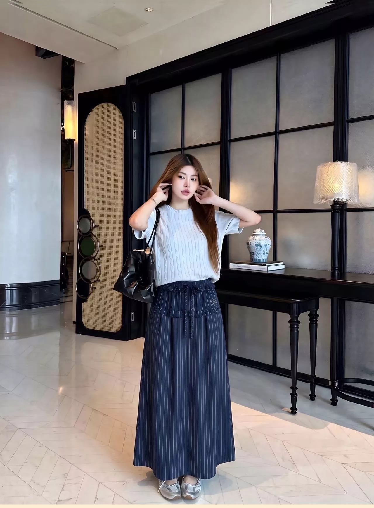 샤넬 스트라이프 하이웨이스트 플레어 스커트 상세 이미지 12