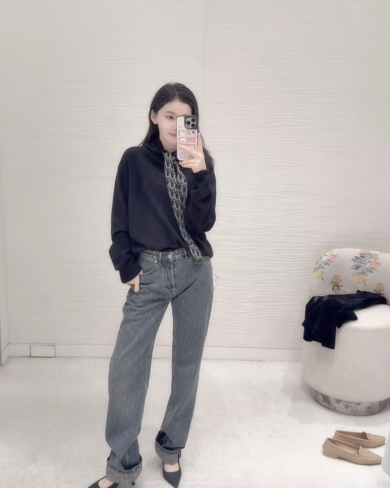 디올 자카드 하이웨이스트 워싱 와이드 데님 팬츠 상세 이미지 23