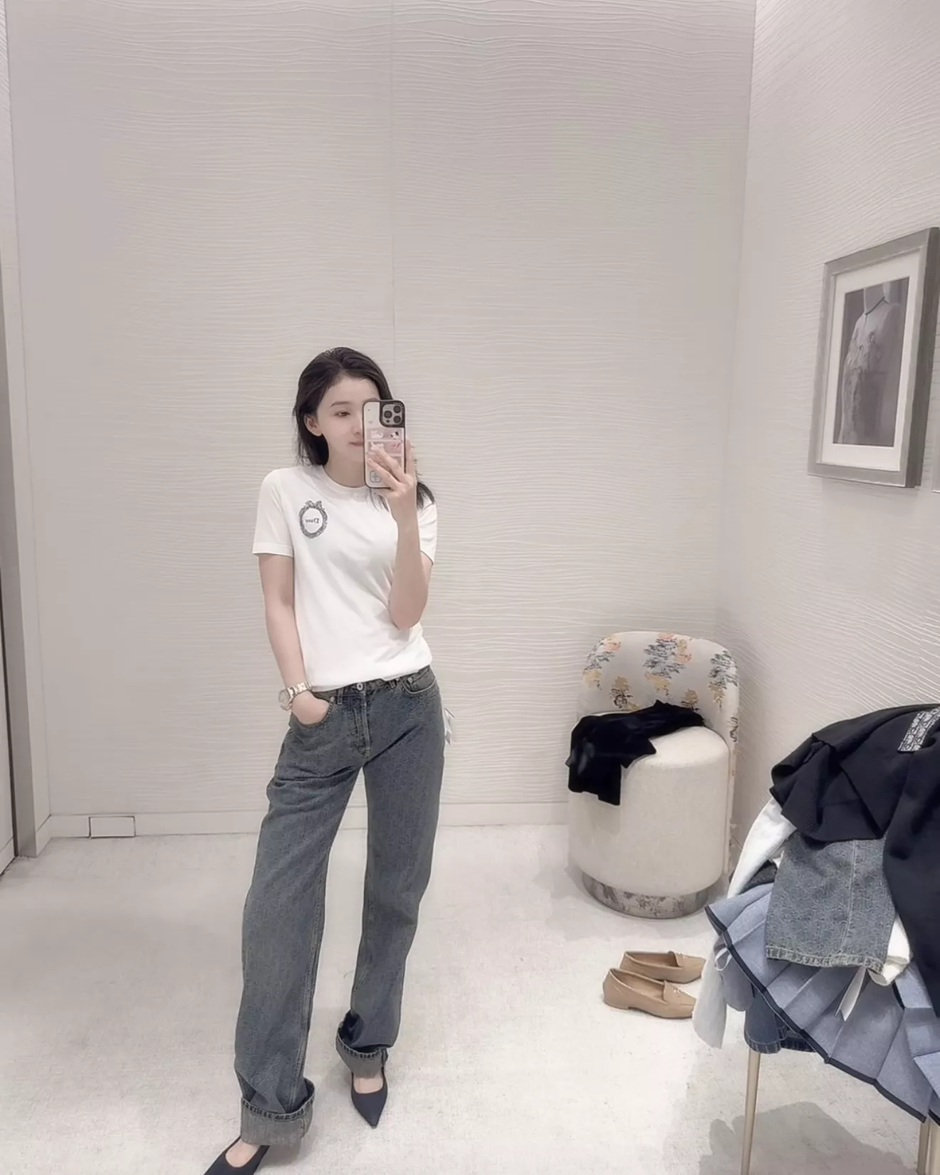 디올 자카드 하이웨이스트 워싱 와이드 데님 팬츠 상세 이미지 20