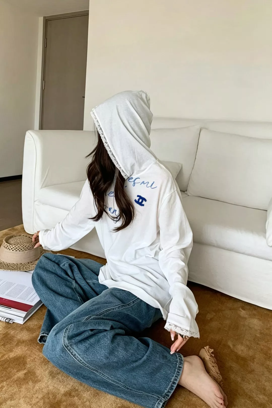 샤넬 레이스 트리밍 루즈핏 후드 긴소매 티셔츠 상세 이미지 12