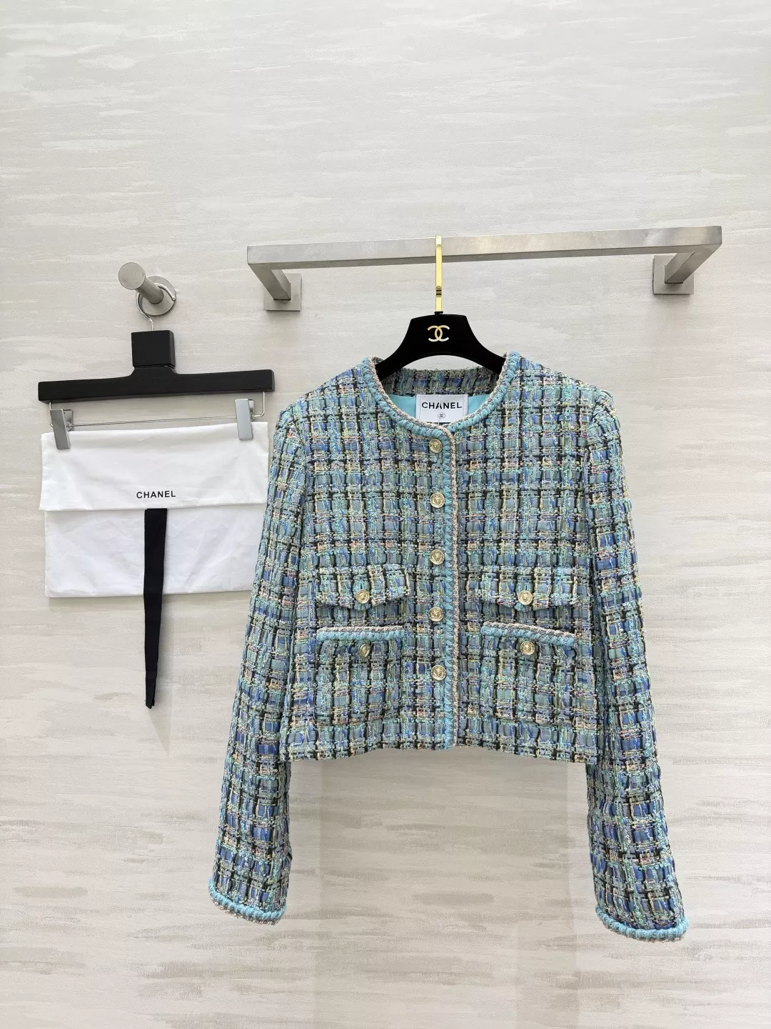 샤넬 블루그린 믹스 트위드 라운드넥 쇼트 재킷 상세 이미지 1