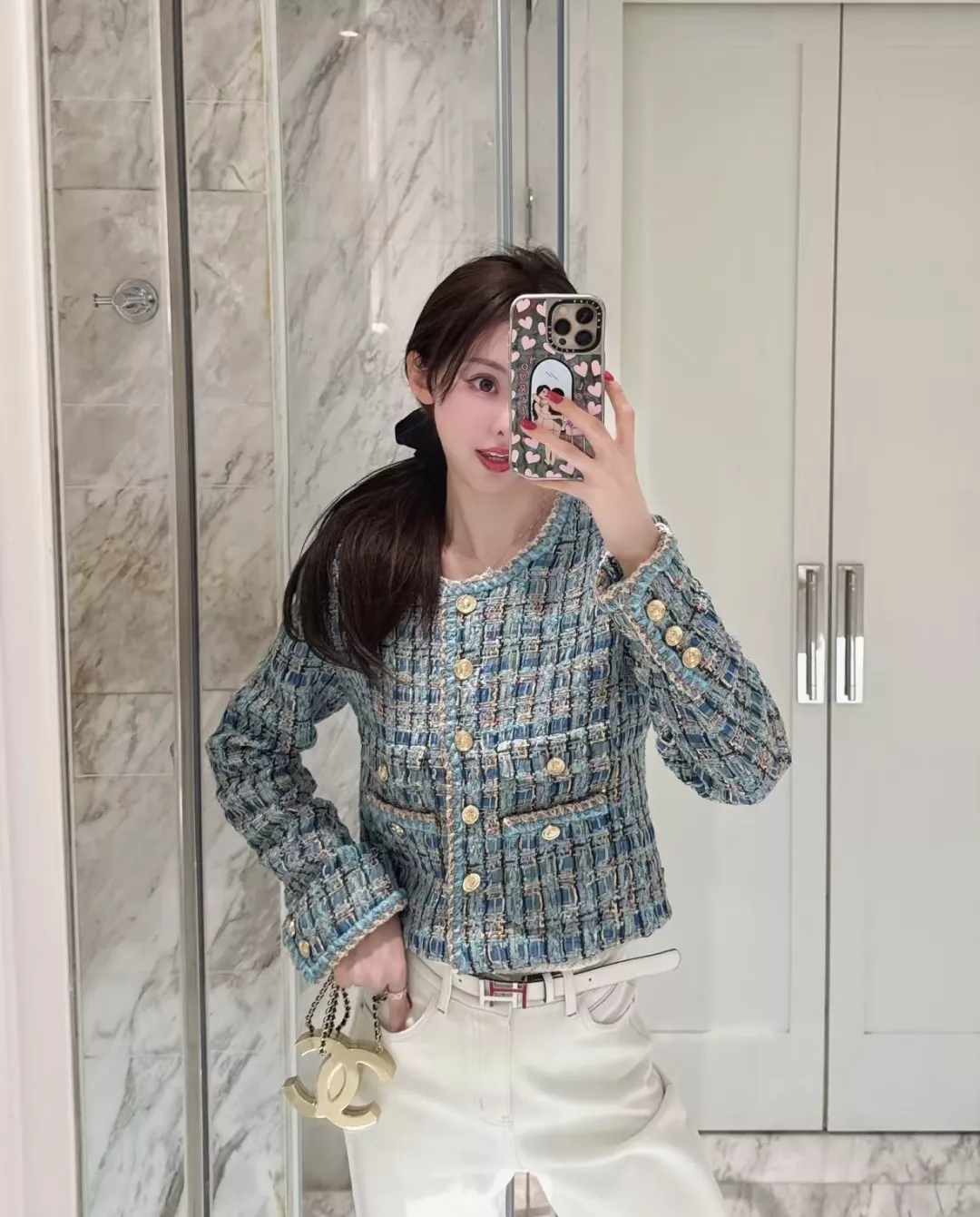 샤넬 블루그린 믹스 트위드 라운드넥 쇼트 재킷 상세 이미지 11