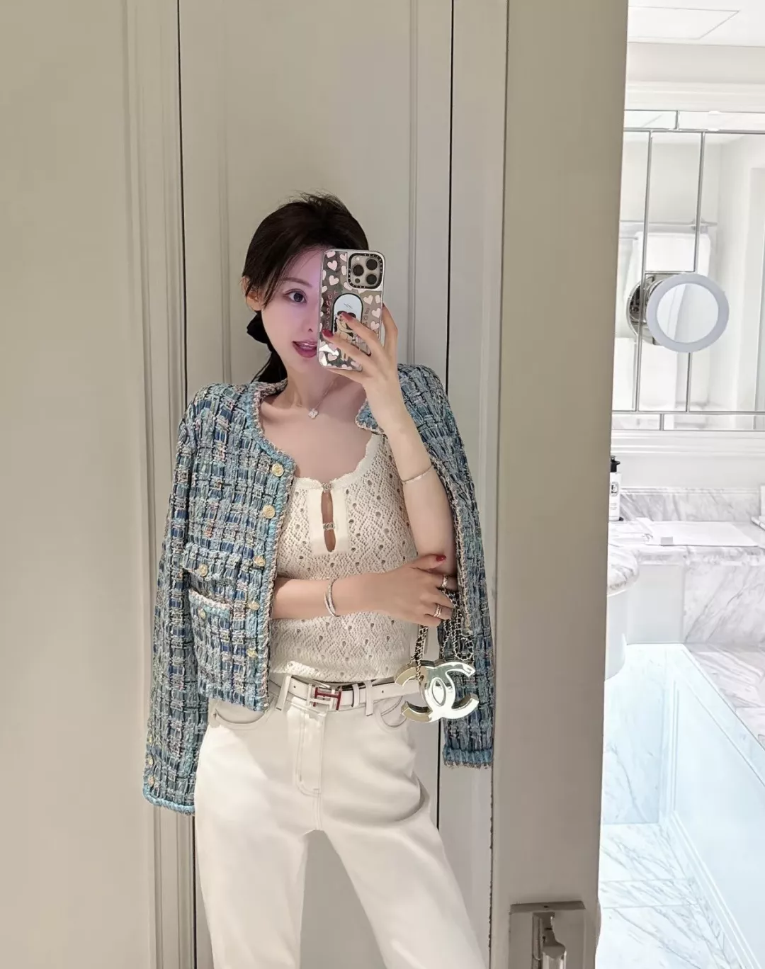 샤넬 블루그린 믹스 트위드 라운드넥 쇼트 재킷 상세 이미지 13