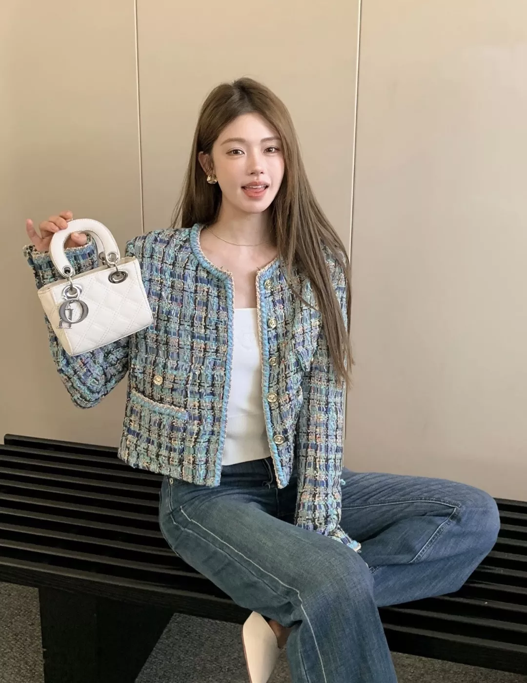 샤넬 블루그린 믹스 트위드 라운드넥 쇼트 재킷 상세 이미지 15