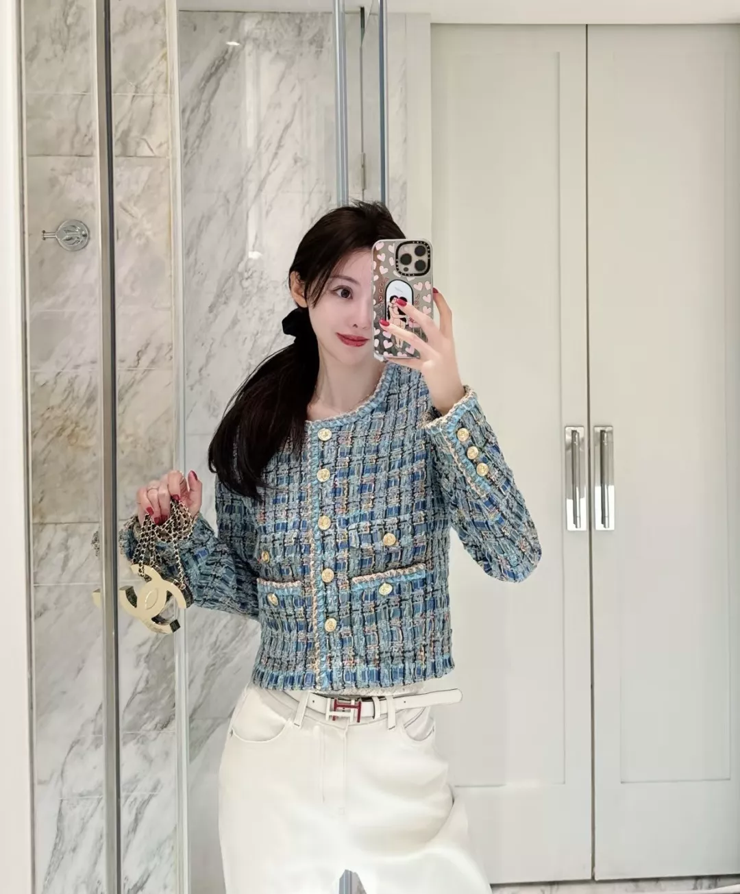 샤넬 블루그린 믹스 트위드 라운드넥 쇼트 재킷 상세 이미지 12