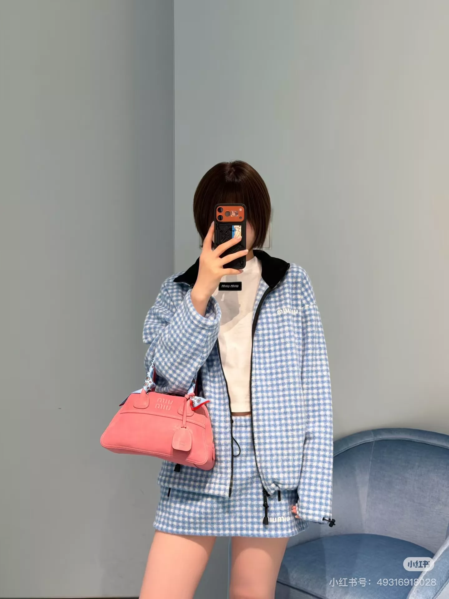 미우미우 블루 비시 체크 플리스 미니 스커트 상세 이미지 26