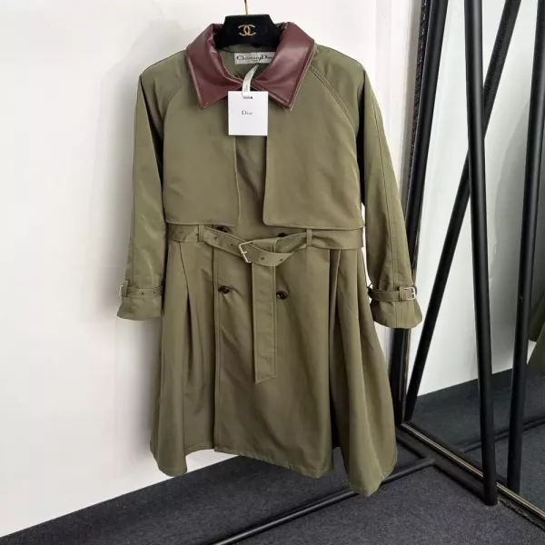 디올 탈부착 인조가죽 칼라 더블브레스트 벨트 롱 코트