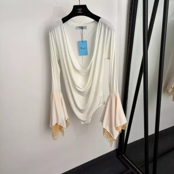 블루마린 드레이프 레이스 불규칙 긴소매 바디수트