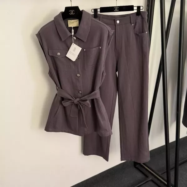 브루넬로쿠치넬리 린넨 벨티드 민소매 칼라 베스트 팬츠 세트