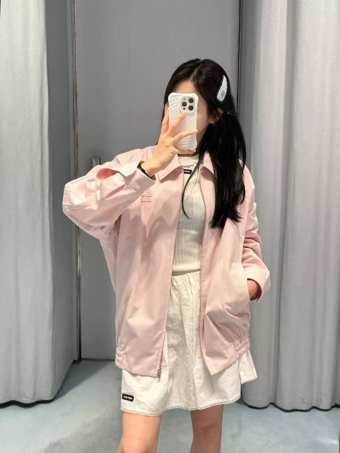 미우미우 자수 로고 셔츠 칼라 집업 재킷 상세 이미지 11