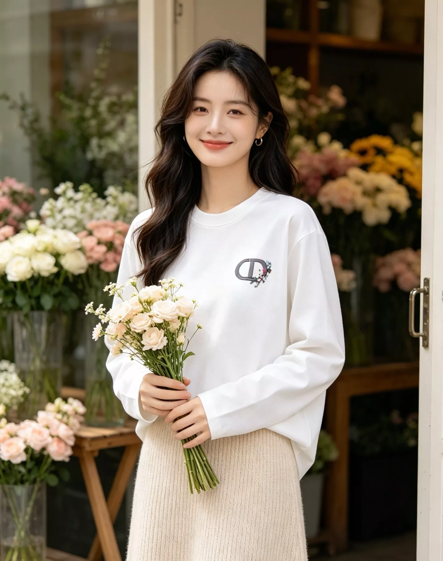 디올 CD 레터링 플라워 자수 긴소매 티셔츠 상세 이미지 18