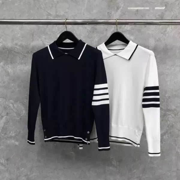 톰브라운 폴로 칼라 배색 스트라이프 니트