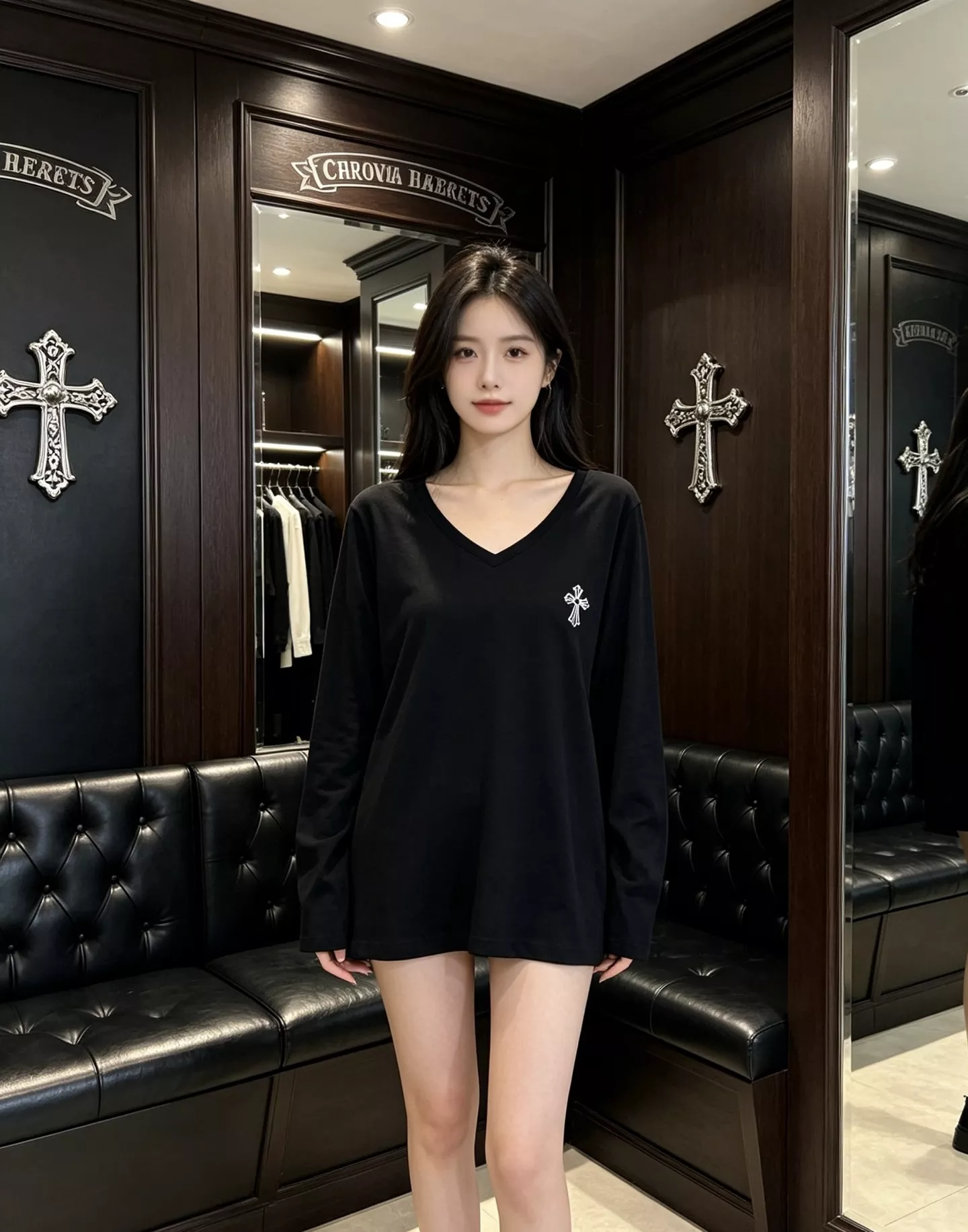 크롬하츠 십자 로고 프린트 브이넥 긴소매 티셔츠 상세 이미지 30