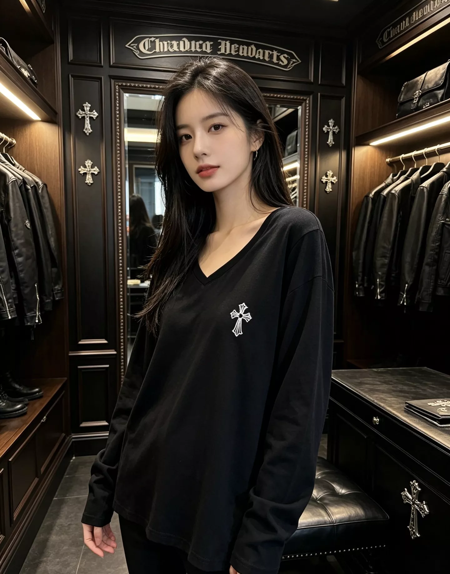 크롬하츠 십자 로고 프린트 브이넥 긴소매 티셔츠 상세 이미지 28