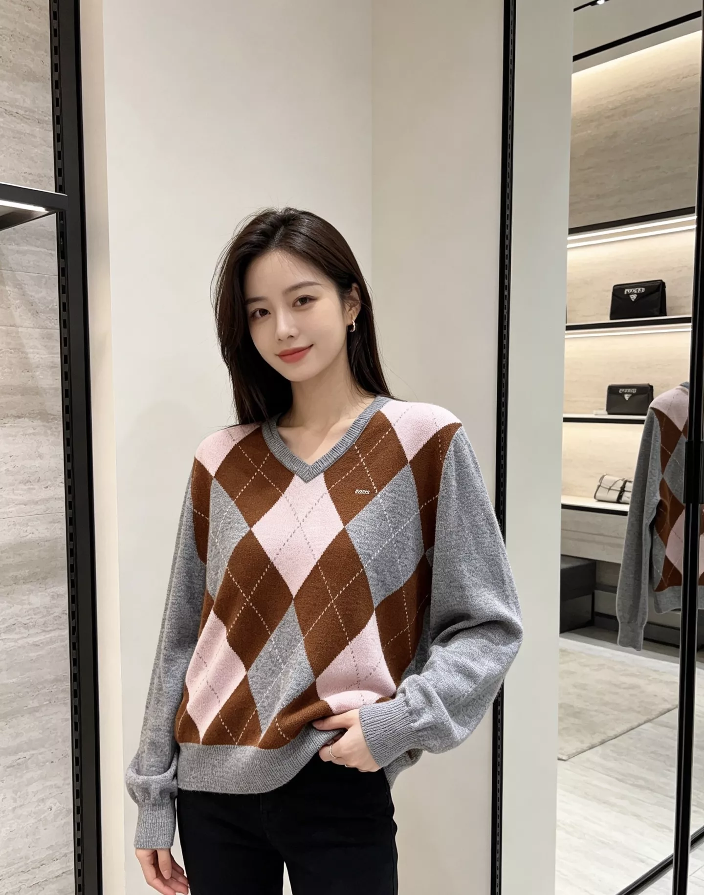 프라다 브이넥 아가일 울 니트 가디건 상세 이미지 16