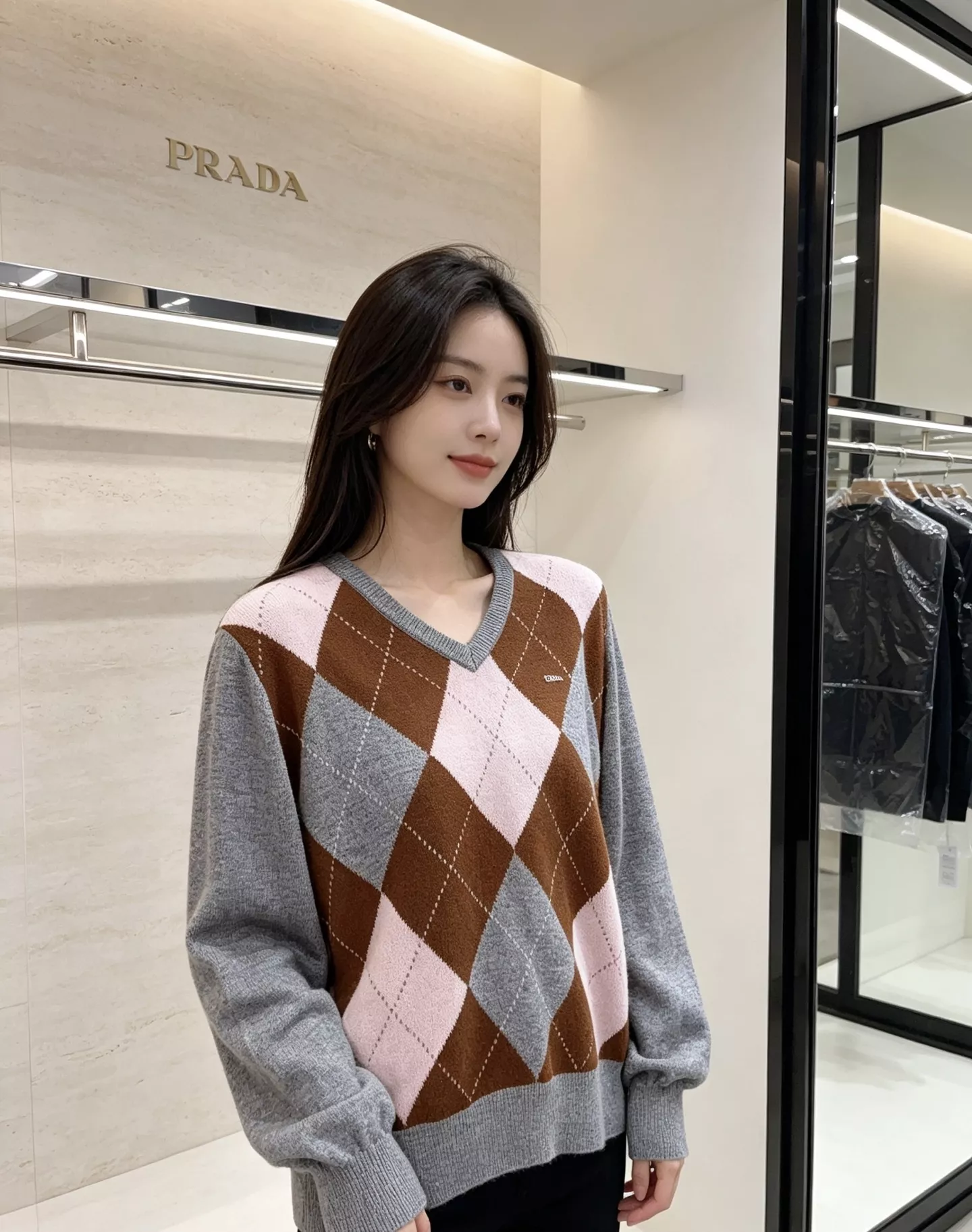 프라다 브이넥 아가일 울 니트 가디건 상세 이미지 19