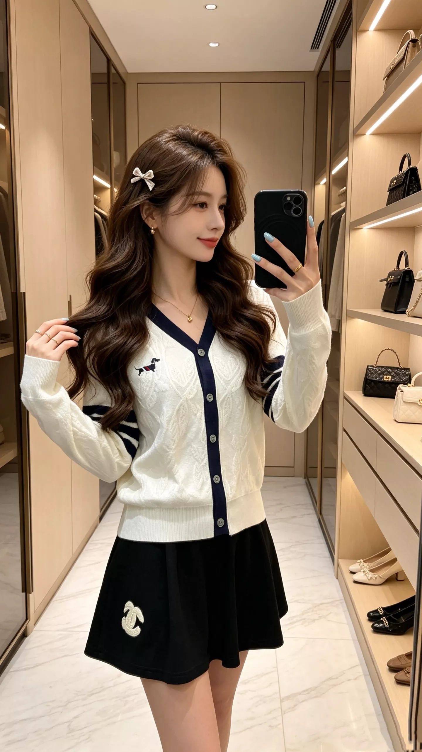 톰브라운 배색 자수 울혼방 브이넥 가디건 상세 이미지 18