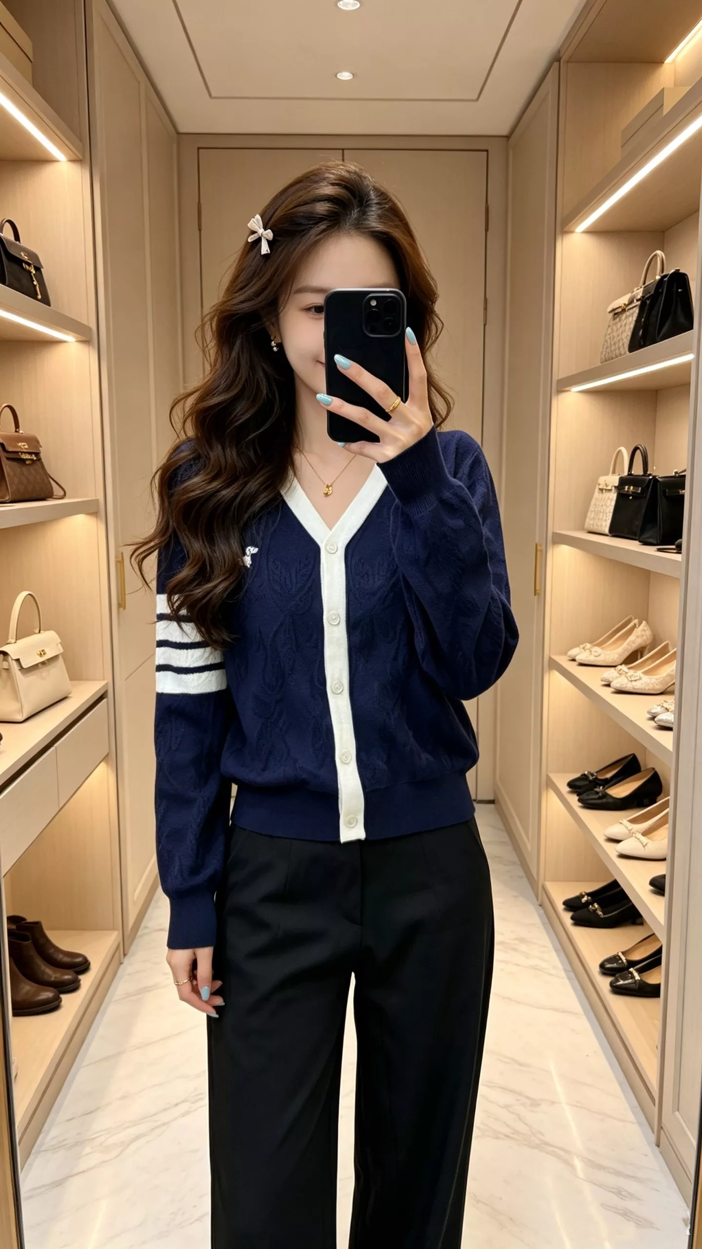 톰브라운 배색 자수 울혼방 브이넥 가디건 상세 이미지 14