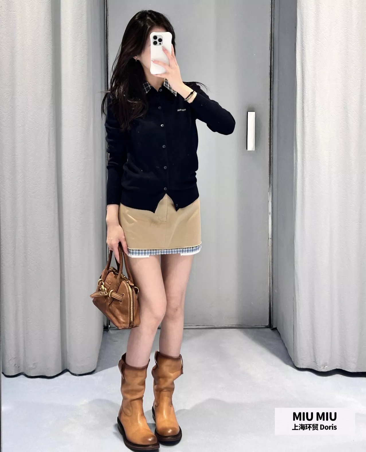 미우미우 체크 칼라 캐시미어 긴소매 가디건 상세 이미지 11