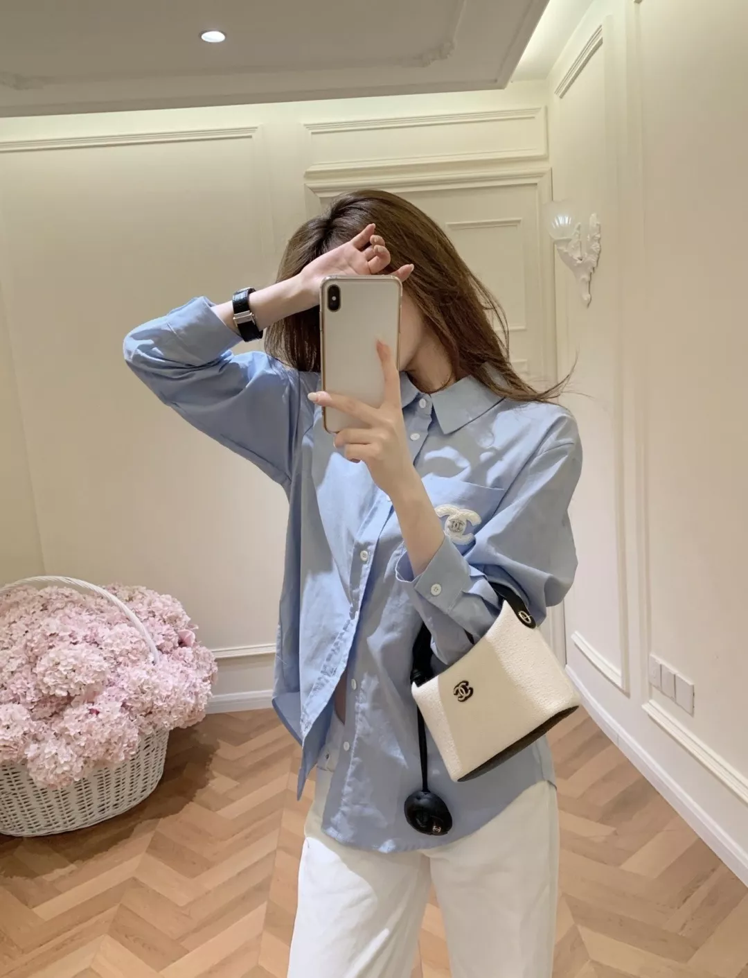 샤넬 코튼 린넨 자수 포켓 여성용 긴소매 셔츠 상세 이미지 28