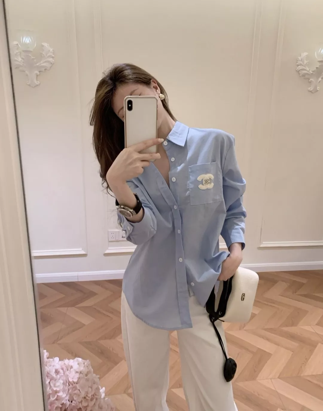 샤넬 코튼 린넨 자수 포켓 여성용 긴소매 셔츠 상세 이미지 31
