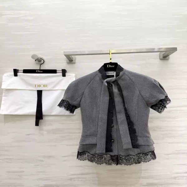 디올 레이스 배색 리본 여성용 긴소매 블라우스