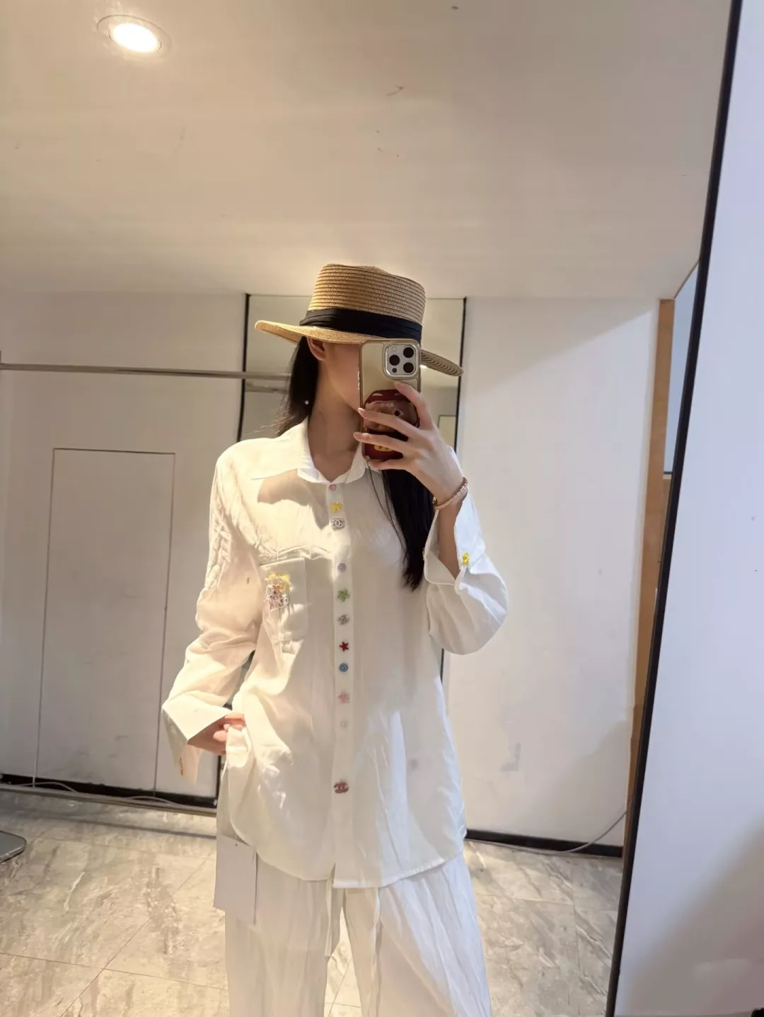 샤넬 컬러 버튼 자수 포켓 여성용 긴소매 셔츠 상세 이미지 13
