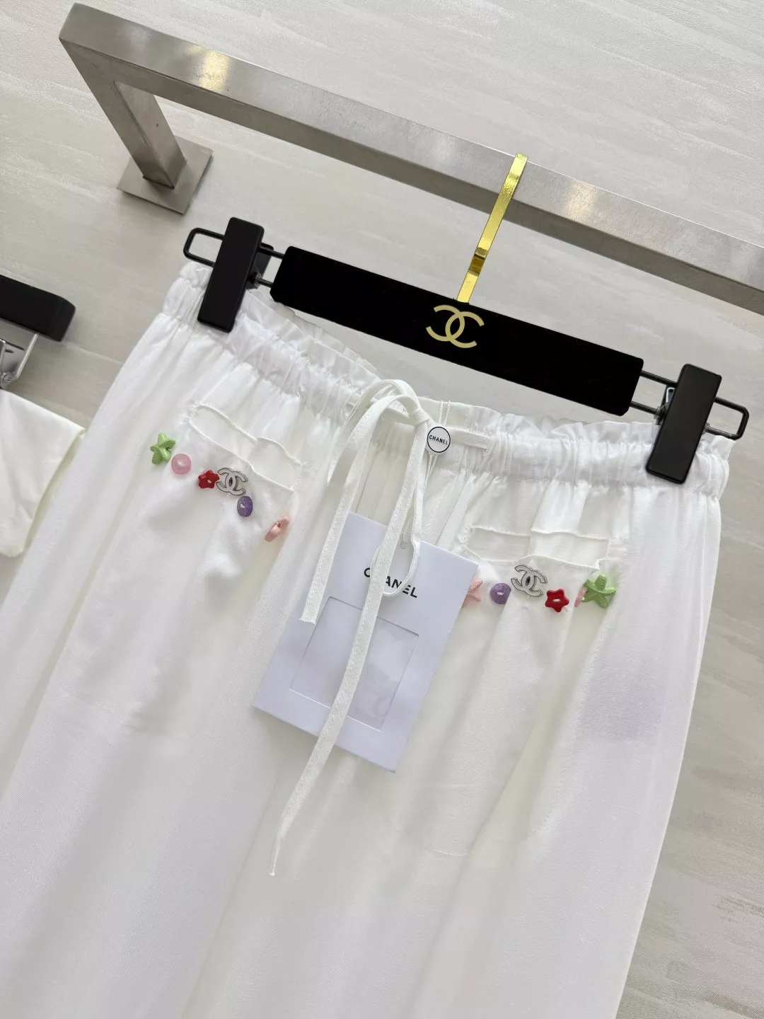 샤넬 컬러 버튼 코튼 린넨 여성용 캐쥬얼 팬츠 상세 이미지 2