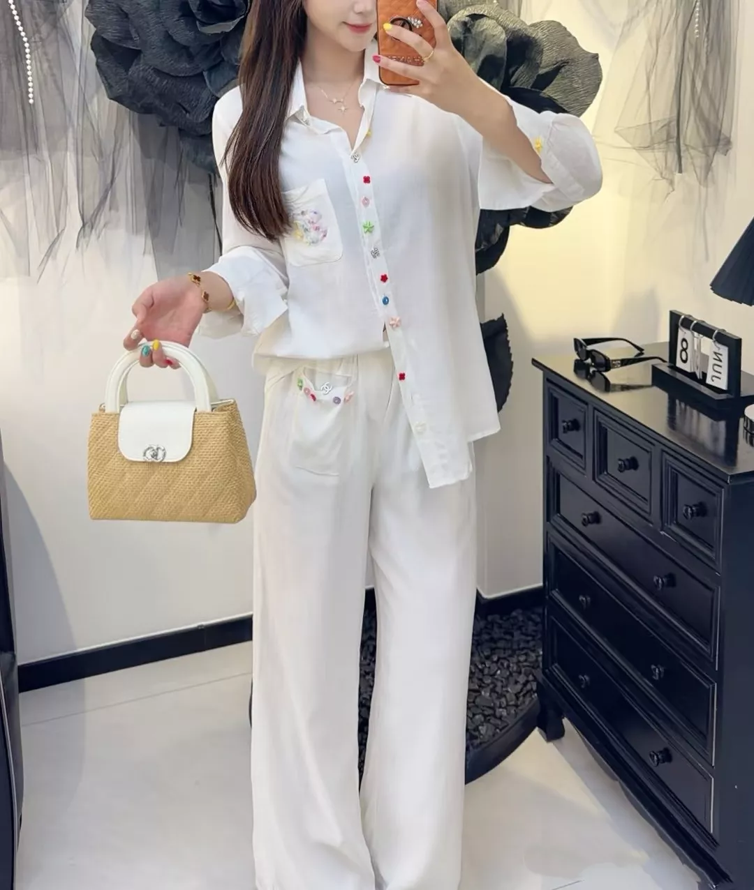 샤넬 컬러 버튼 코튼 린넨 여성용 캐쥬얼 팬츠 상세 이미지 9
