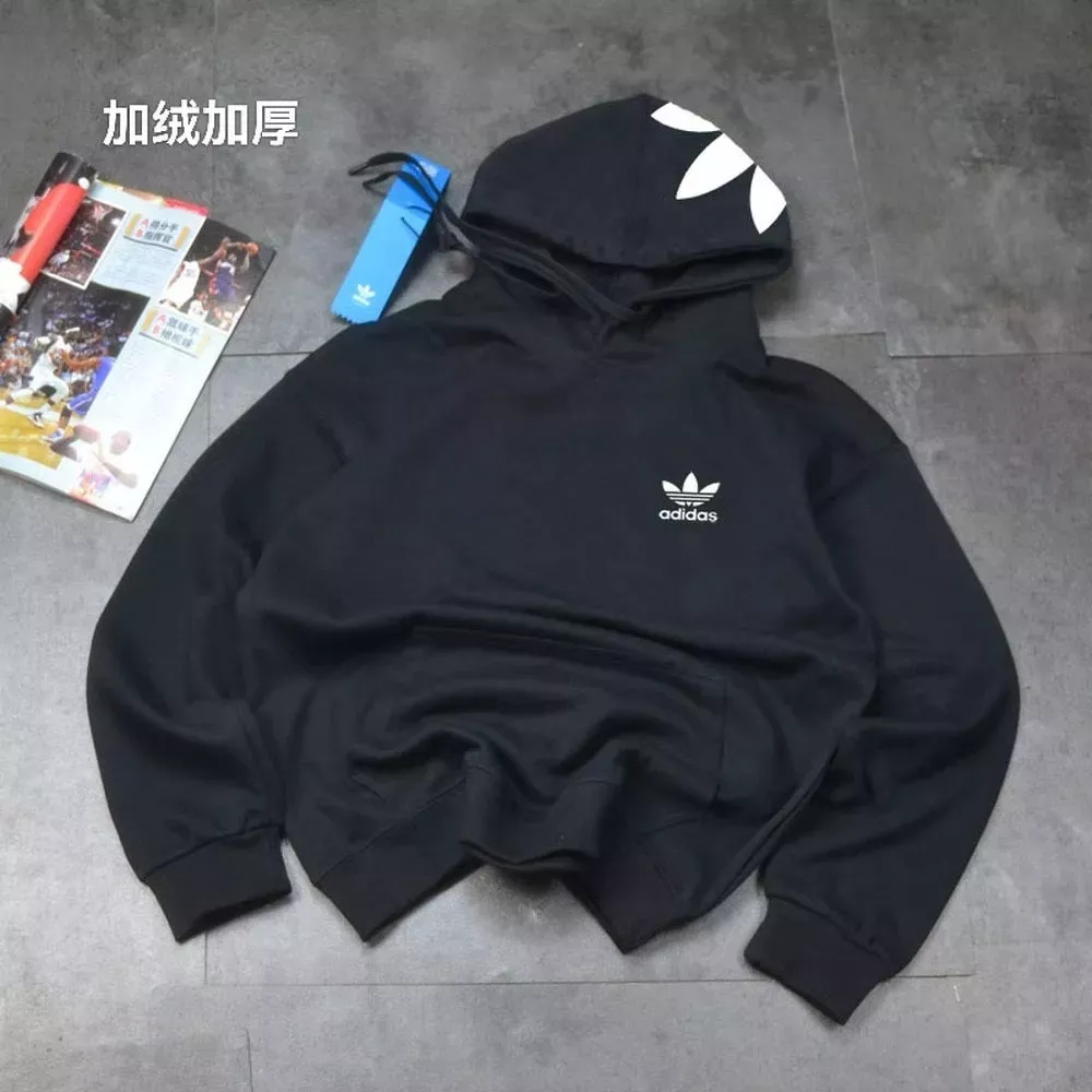 아디다스 삼엽 로고 기모 코튼 후드 티셔츠
