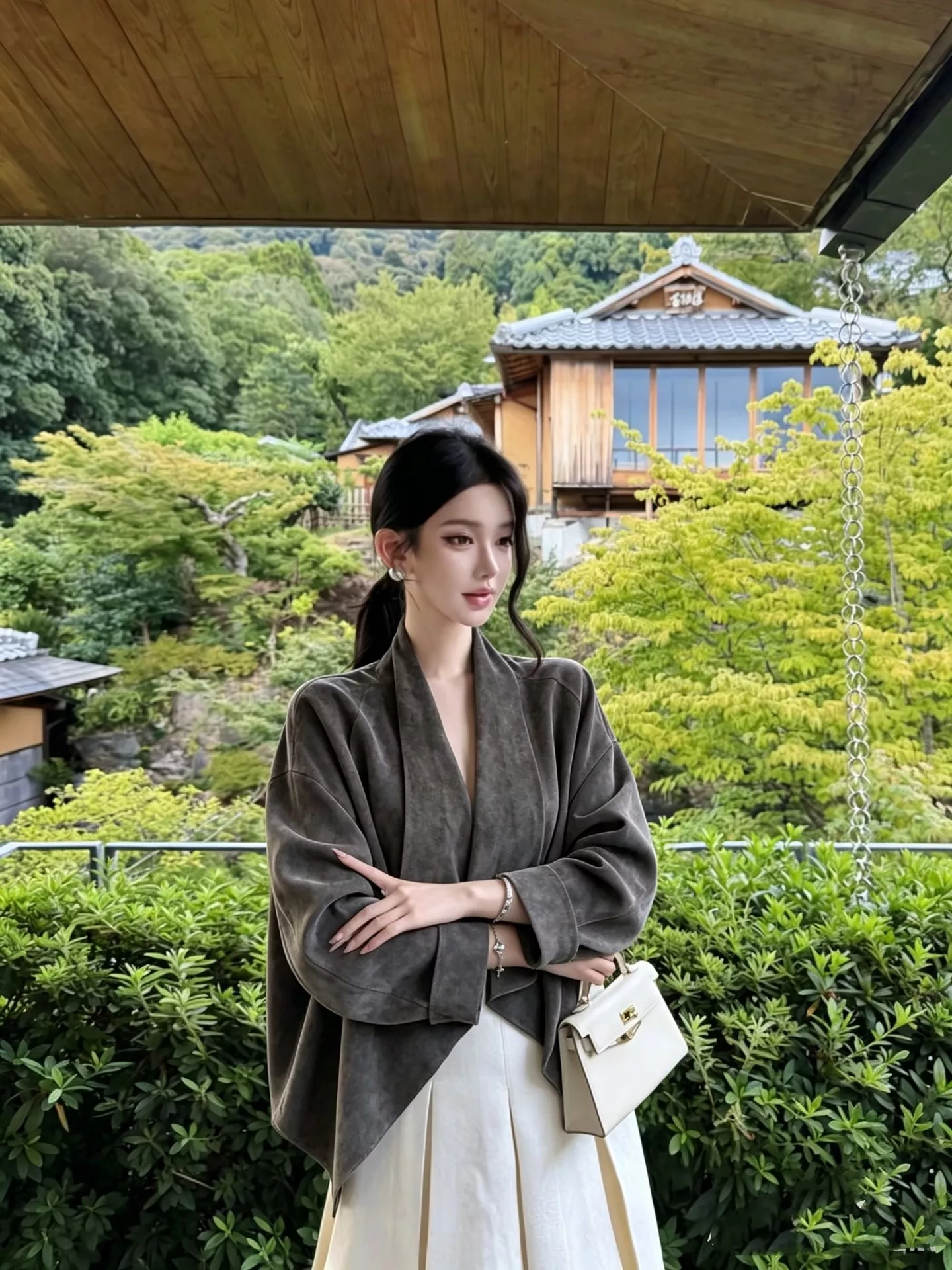 로로피아나 스웨이드 질감 랩 스타일 여성용 긴소매 가디건 상세 이미지 12