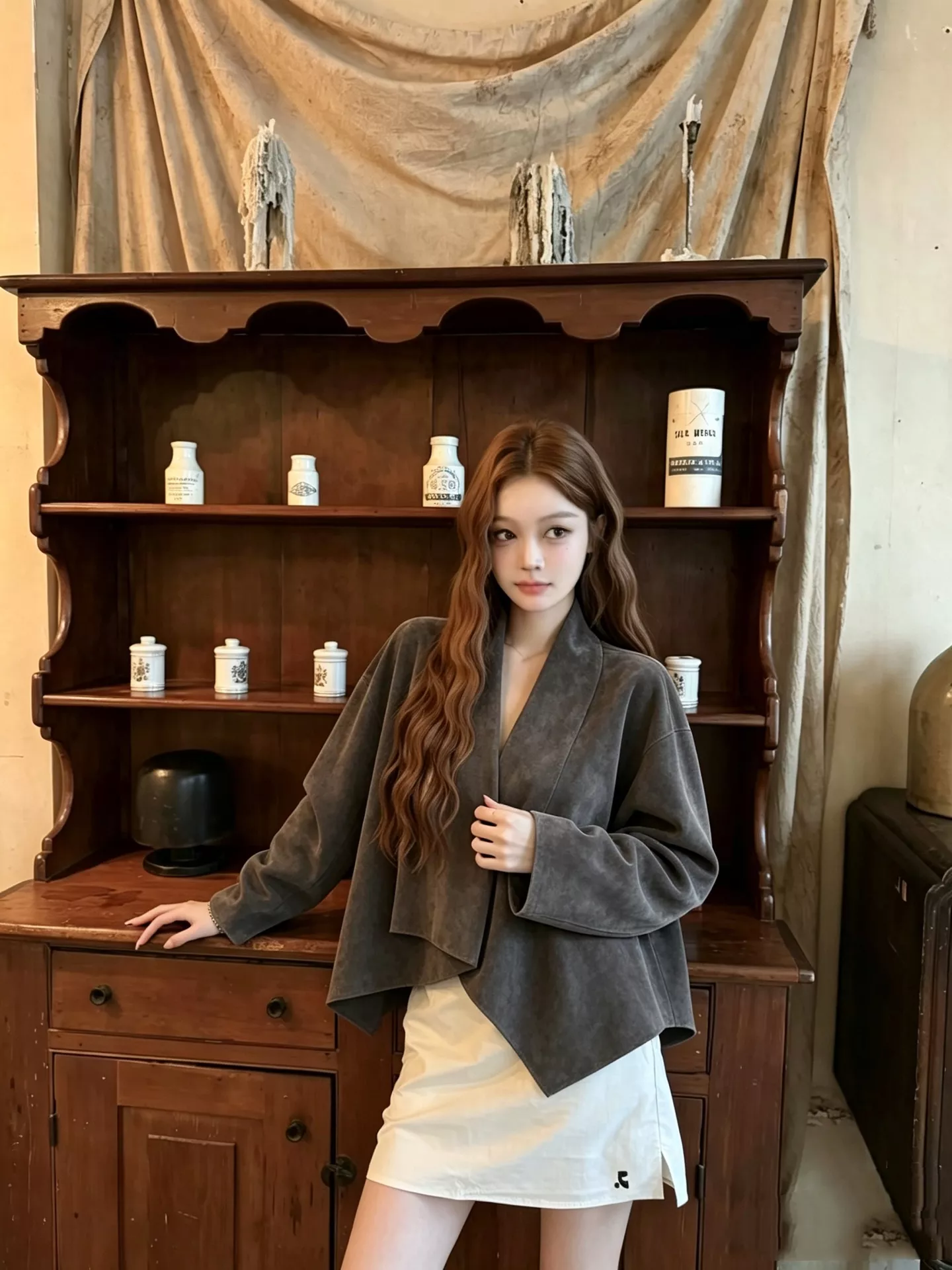 로로피아나 스웨이드 질감 랩 스타일 여성용 긴소매 가디건 상세 이미지 11