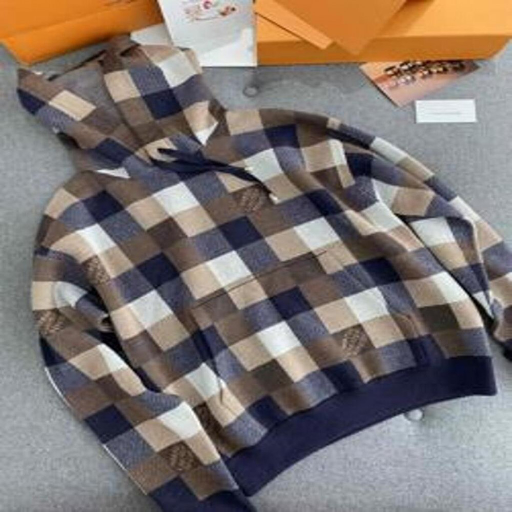 루이비통 체크 패턴 캐시미어 울 혼방 후드 니트