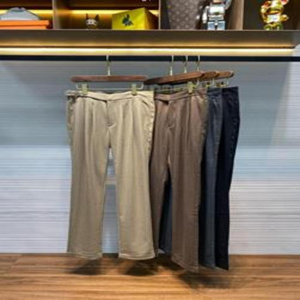 로로피아나 2025 FW 남성용 헤링본 텐셀 블렌드 일체형 벨트 슬랙스