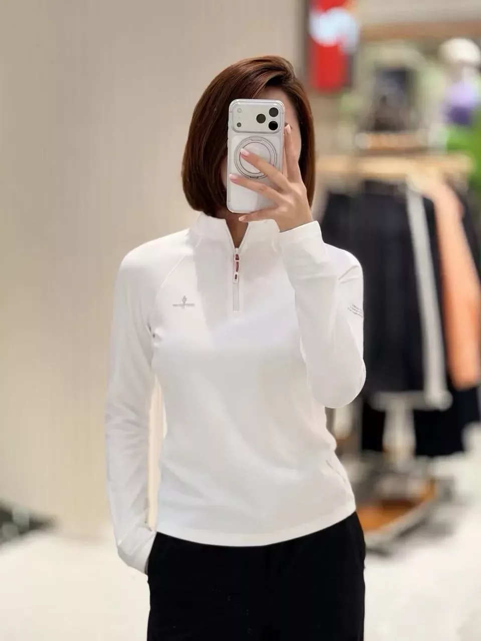 비음러펀 반집업 스탠드칼라 여성용 긴소매 티셔츠 상세 이미지 21