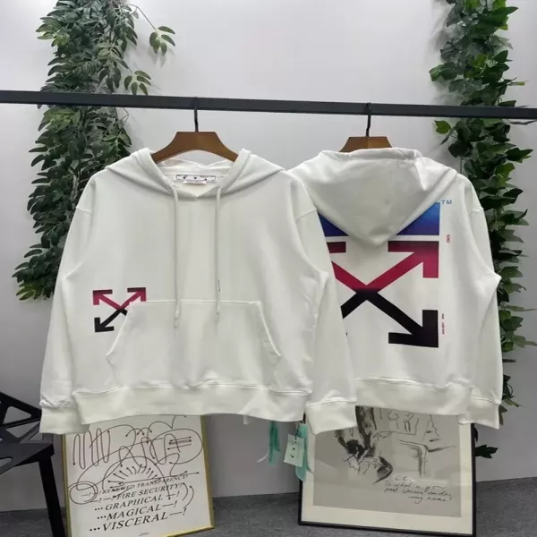 오프화이트 마카롱 애로우 프린트 남녀공용 후드 티셔츠