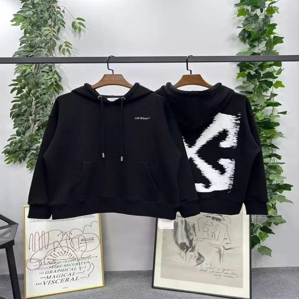 오프화이트 화살표 프린트 오버핏 남녀공용 후드 티셔츠