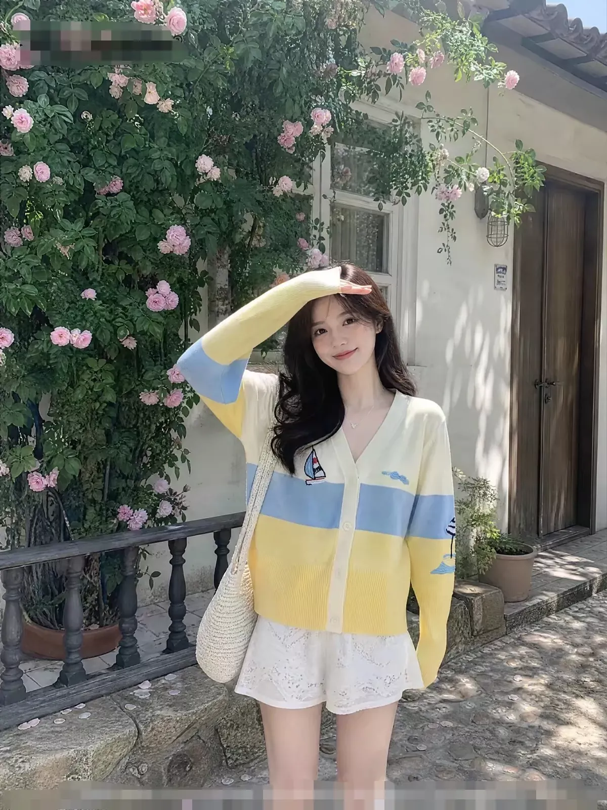 톰브라운 배색 브이넥 자수 여성용 긴소매 가디건 상세 이미지 24