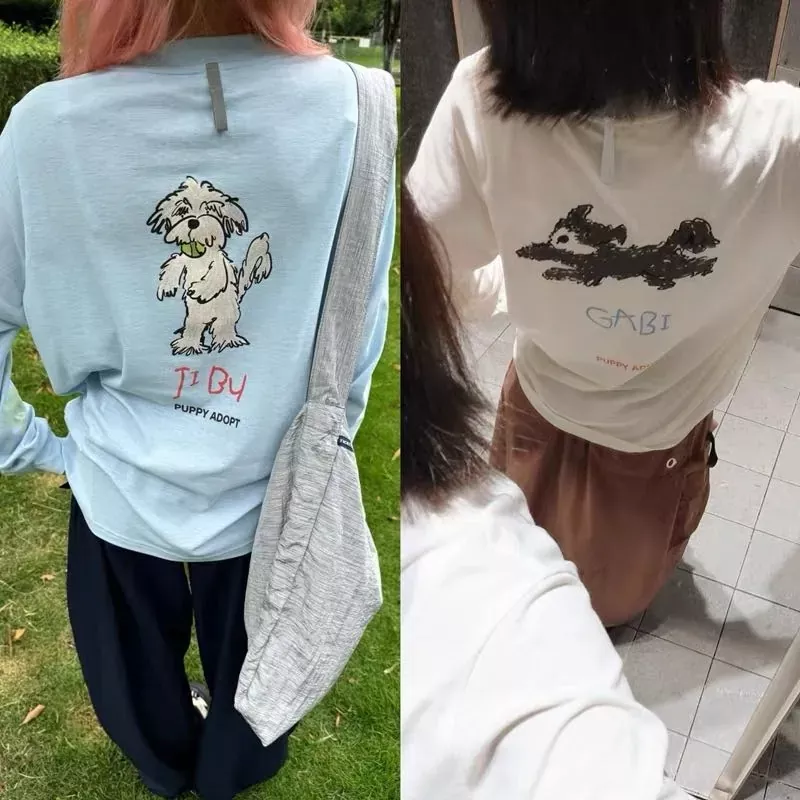 안코라우 강아지 프린트 속건 여성용 긴소매 티셔츠 상세 이미지 28