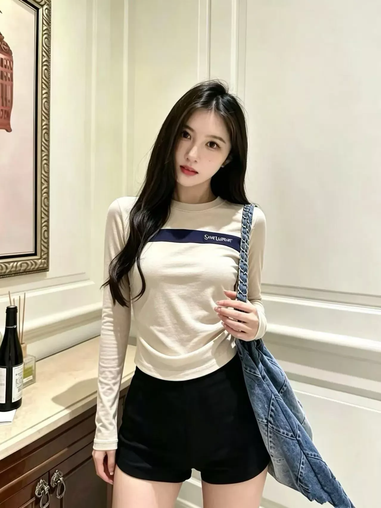입생로랑 배색 스트라이프 자수 여성용 긴소매 티셔츠 상세 이미지 28