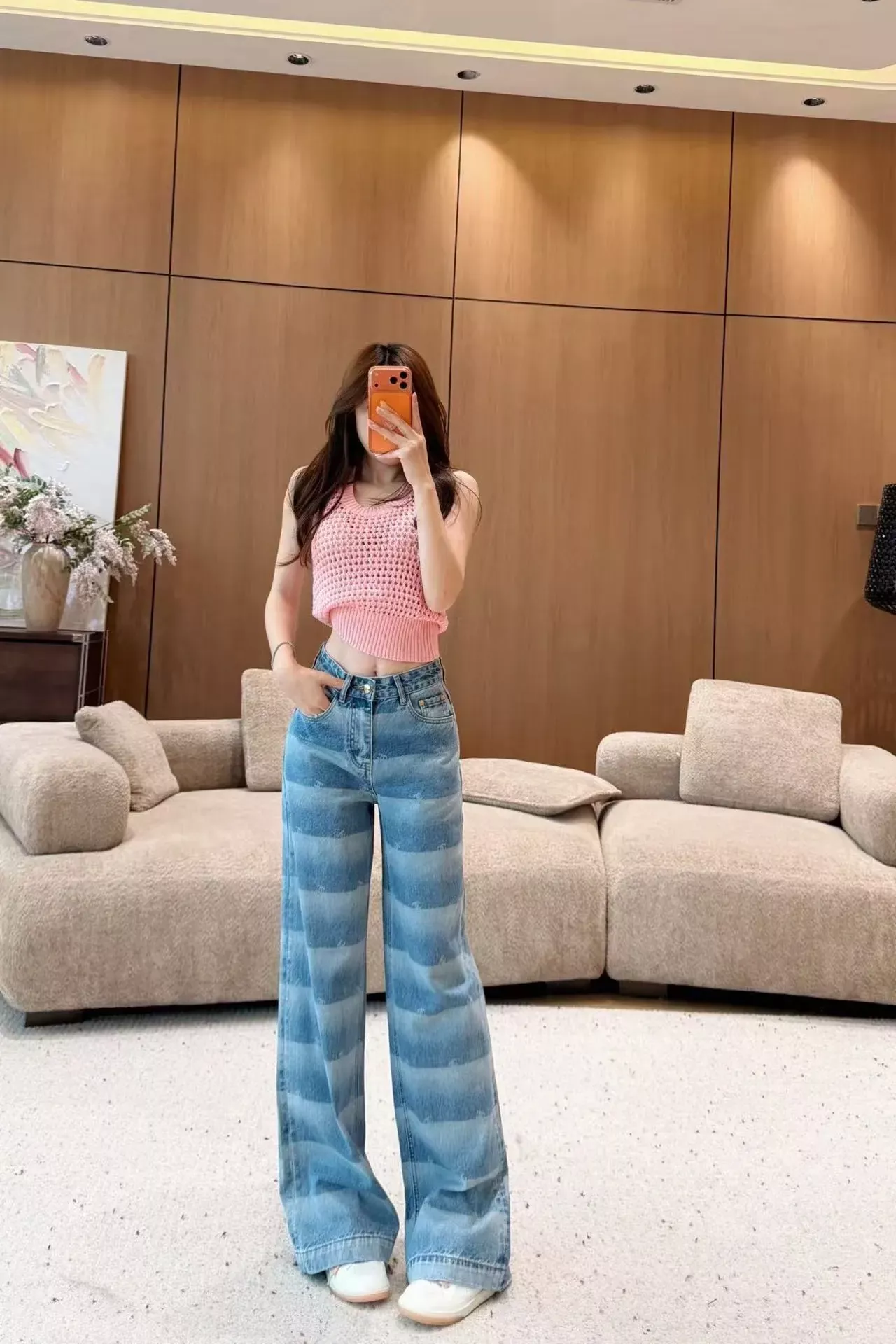 샤넬 워싱 그라데이션 하이웨이스트 여성용 데님 팬츠 상세 이미지 19