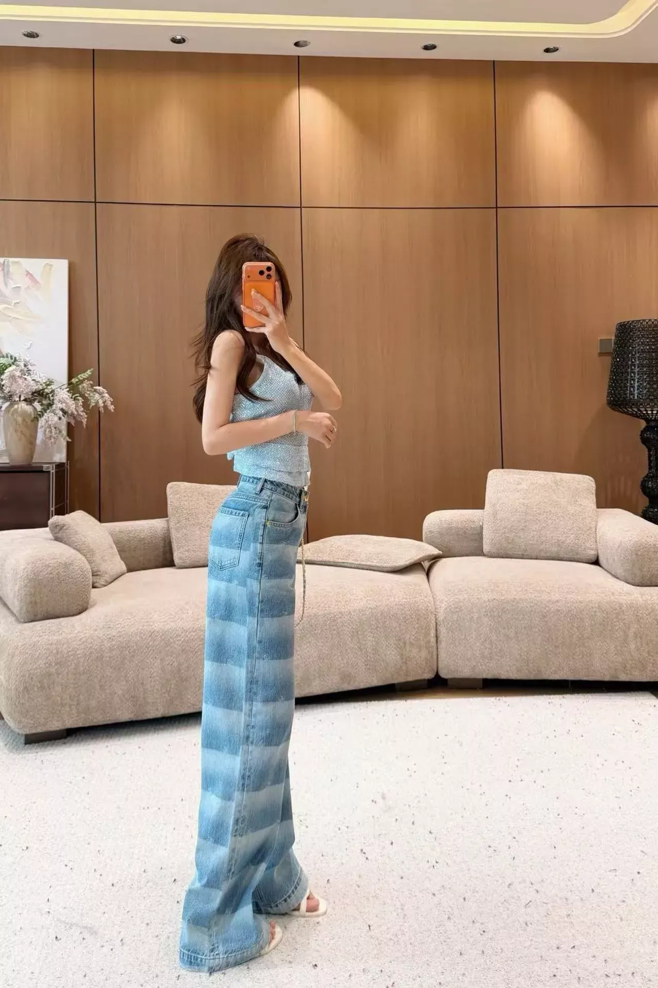 샤넬 워싱 그라데이션 하이웨이스트 여성용 데님 팬츠 상세 이미지 21