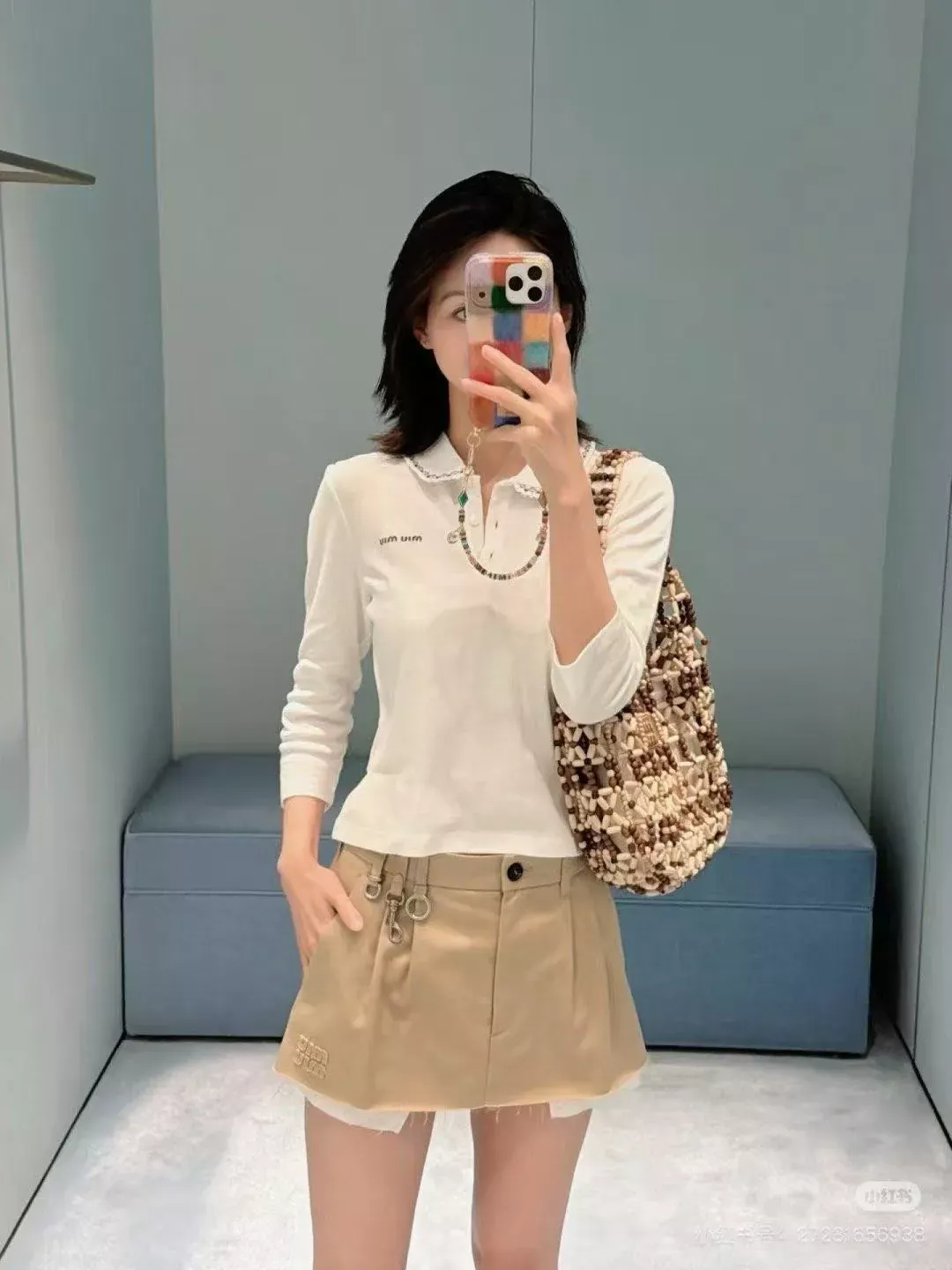 미우미우 자수 레이스 칼라 여성용 긴소매 티셔츠 상세 이미지 11