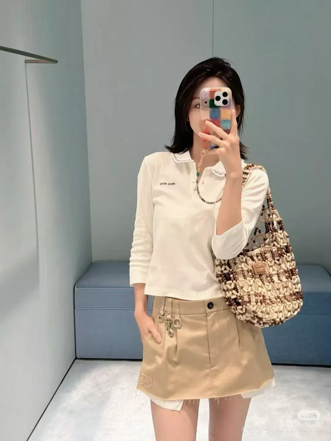 미우미우 자수 레이스 칼라 여성용 긴소매 티셔츠 상세 이미지 13