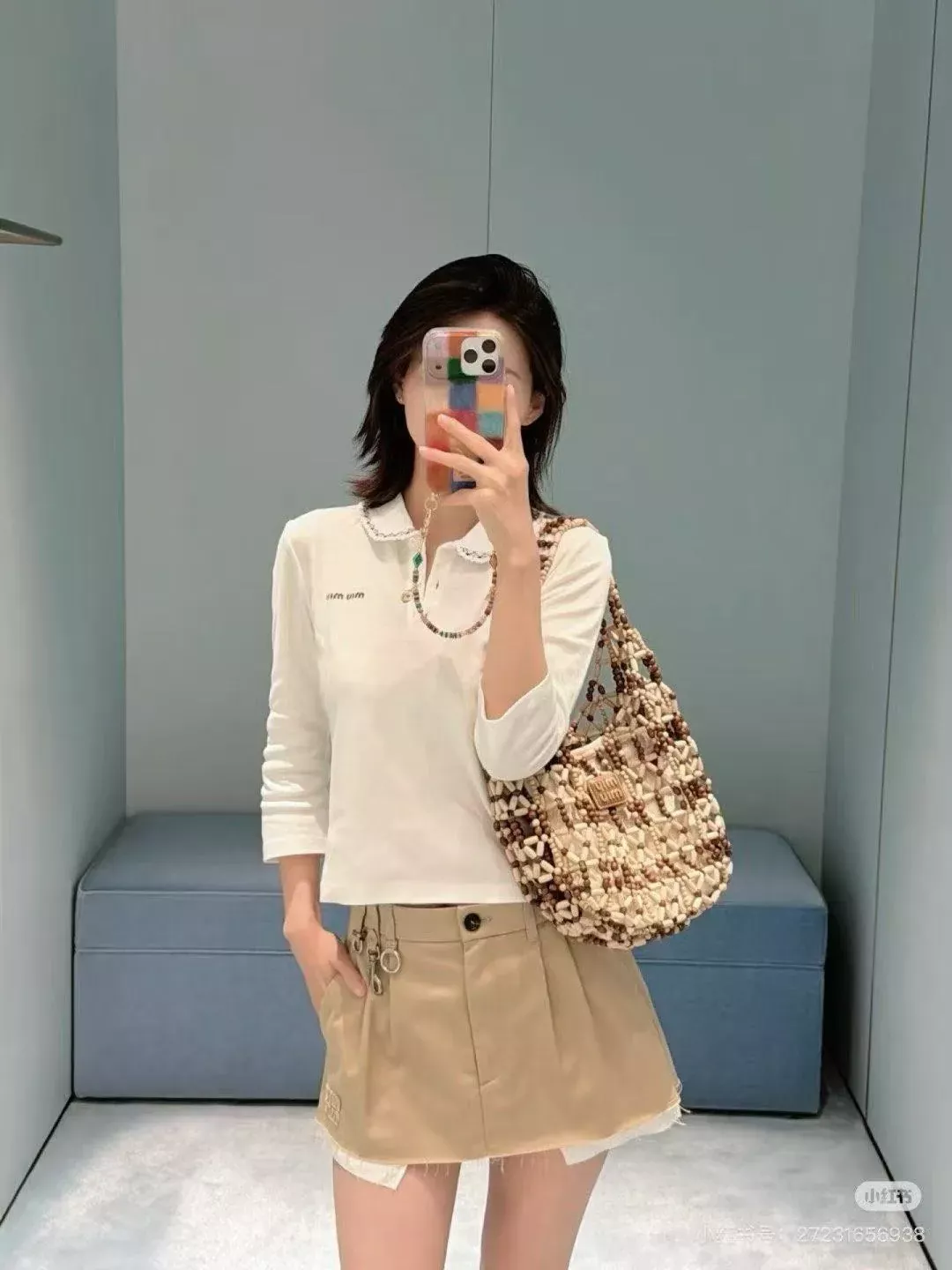 미우미우 자수 레이스 칼라 여성용 긴소매 티셔츠 상세 이미지 14