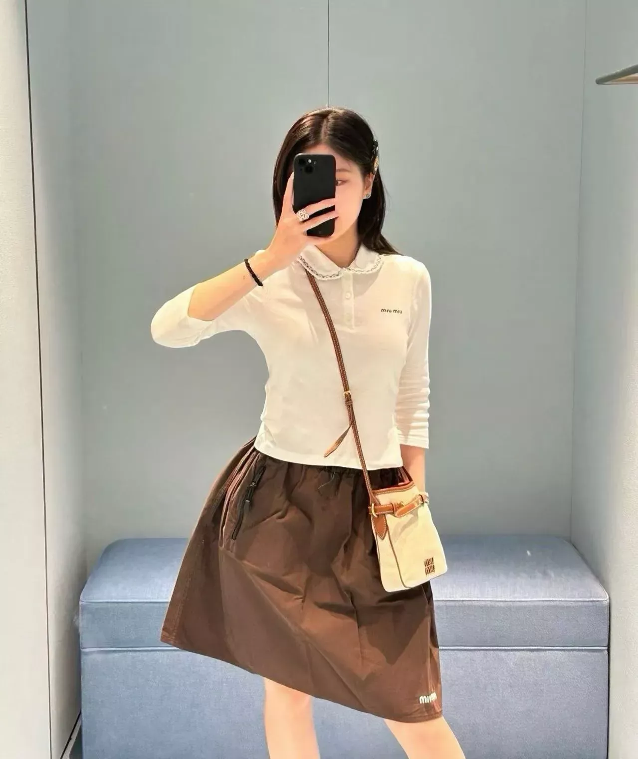 미우미우 자수 레이스 칼라 여성용 긴소매 티셔츠 상세 이미지 21