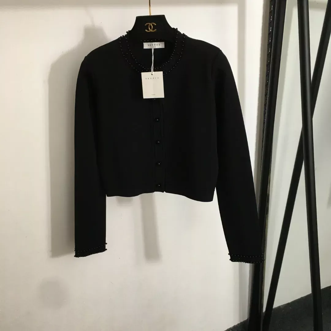 산드로 진주 버튼 원형넥 여성용 긴소매 가디건 상세 이미지 10