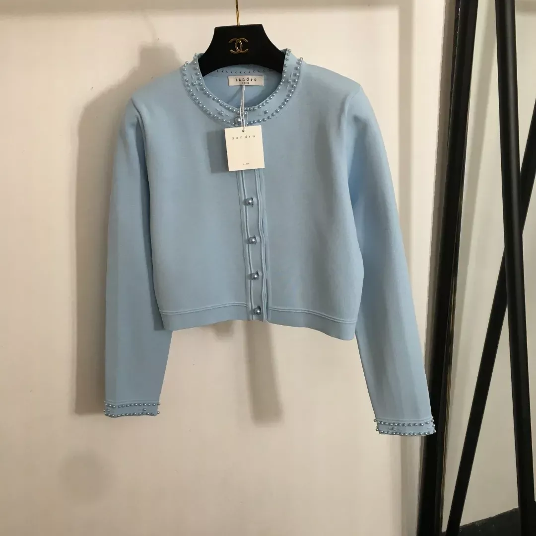 산드로 진주 버튼 원형넥 여성용 긴소매 가디건 상세 이미지 14